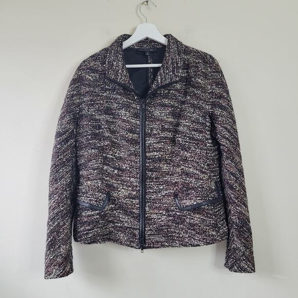 Lafayette 148 Women's Size 10 Tweed Full Zip Blazer Brown Faux Leather Trim